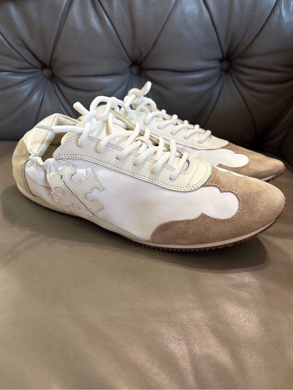 Tory Burch White Leather & Taupe Suede Logo Sneakers Field Trainers Shoes